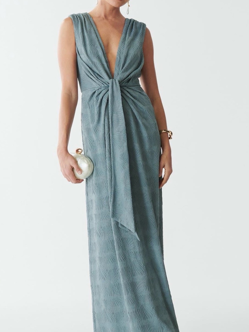 Sleeveless Deep V Tie-Front Maxi Dress in Dusty Blue (Gisella)